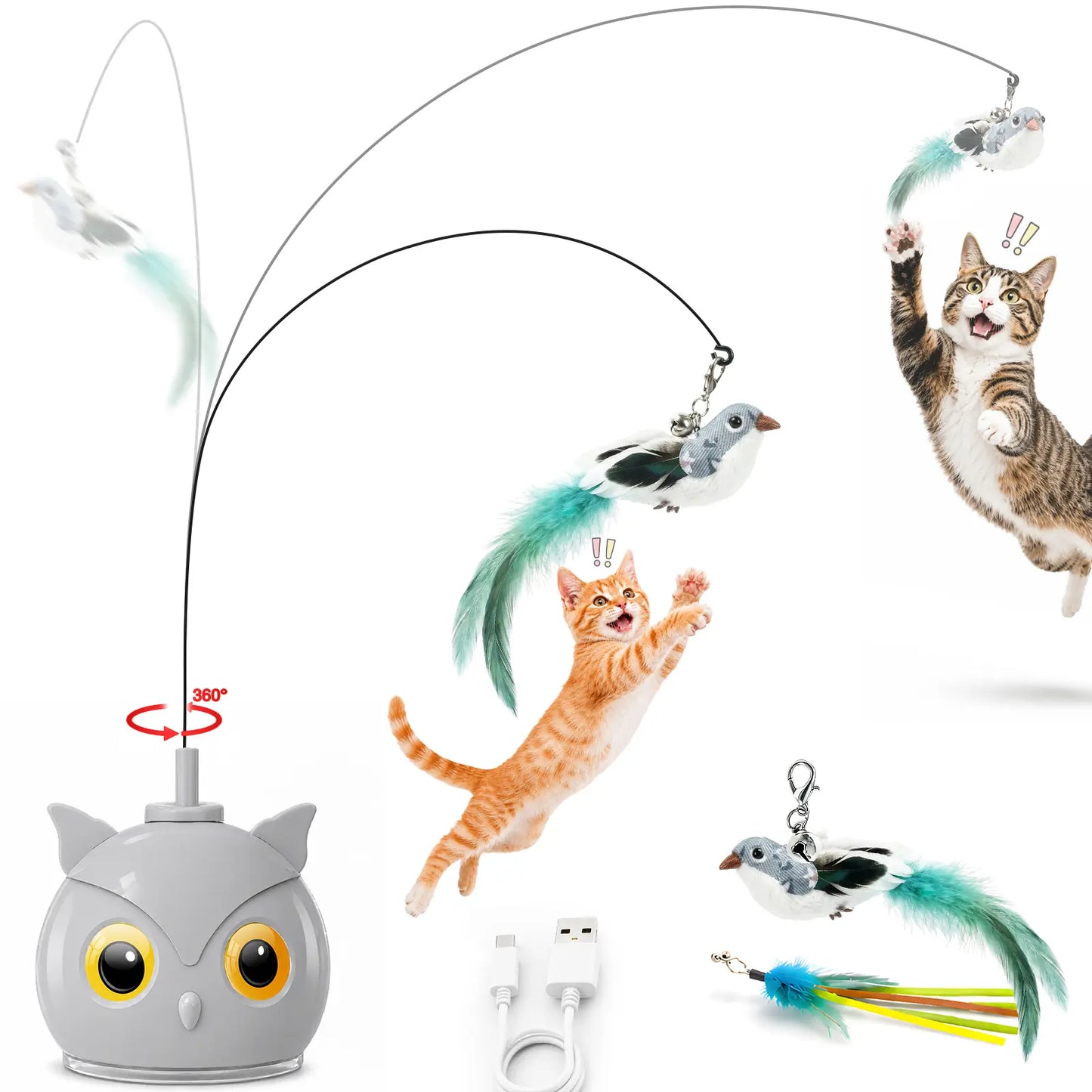 CATPICK Interactive Flying Bird Cat Toy, Automatic Teaser with Suction Cup, Dual Modes – 360° Rotation & Random Jumping, Auto Start/Stop, Safe Silicone Rod, USB Rechargeable for Kittens & Adult Cats