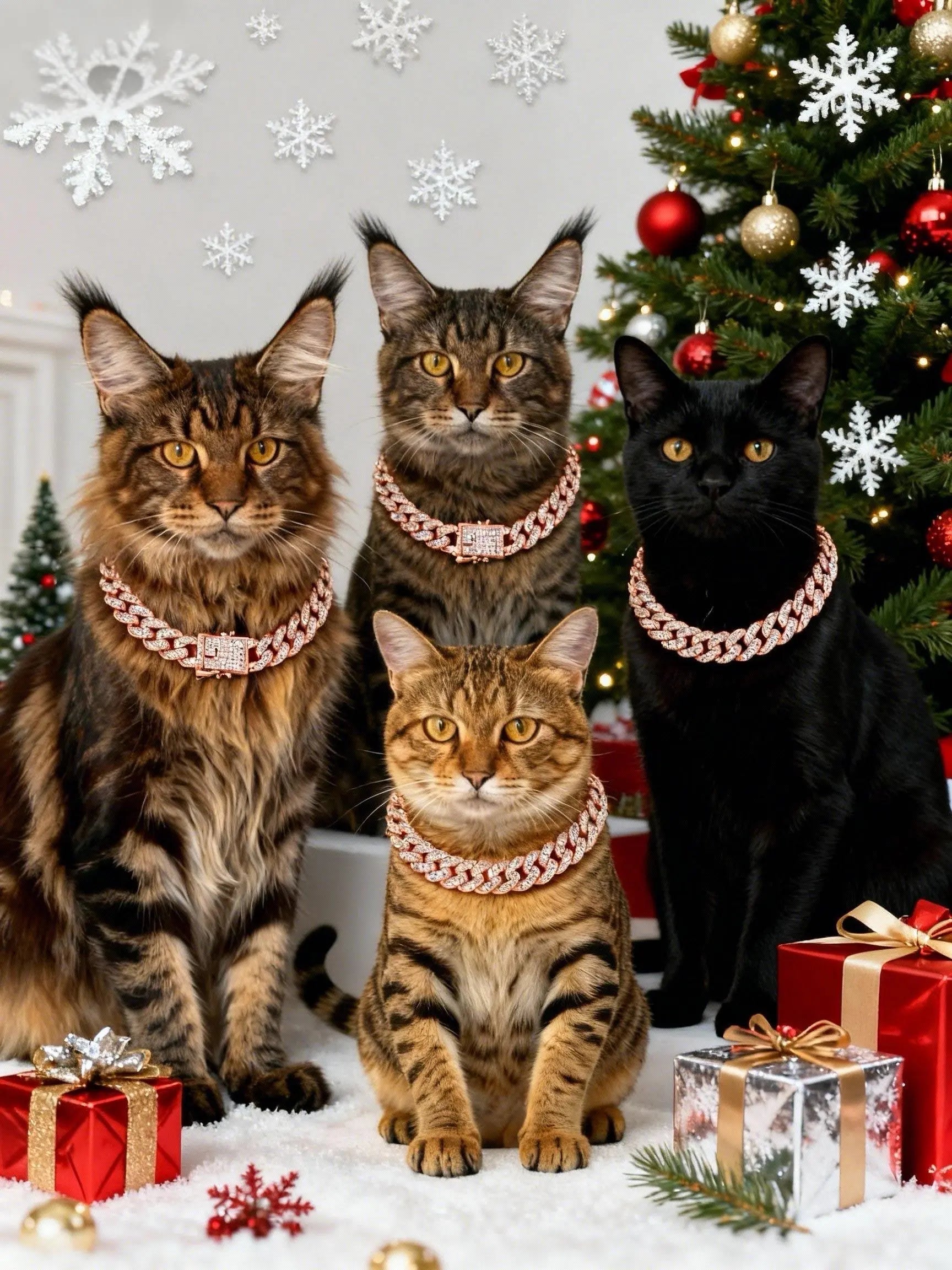 Benophis Rose Gold Diamond Cuban-Style Cat and Dog Necklace, Suitable for Medium and Large Cats and Small Dogs, Equipped with a Safety Clasp; Fashionable Pet Jewelry Accessory That Can Complement Outfits.