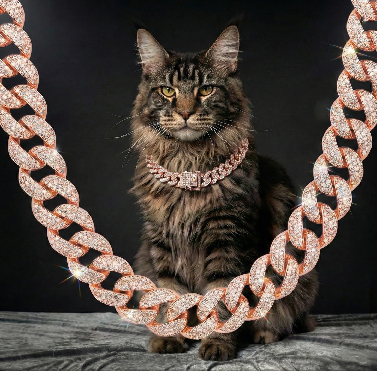 Benophis Rose Gold Diamond Cuban-Style Cat and Dog Necklace, Suitable for Medium and Large Cats and Small Dogs, Equipped with a Safety Clasp; Fashionable Pet Jewelry Accessory That Can Complement Outfits.