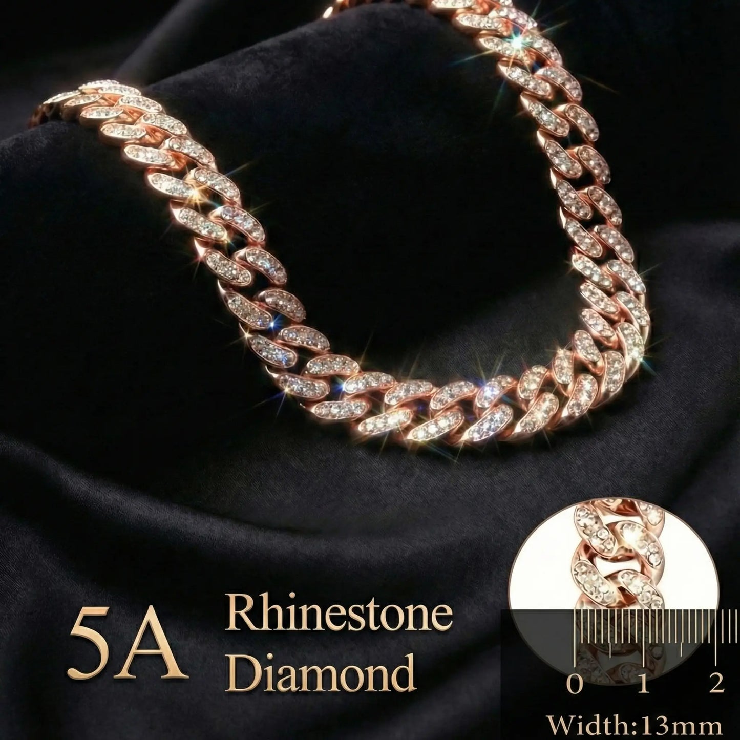 Benophis Rose Gold Diamond Cuban-Style Cat and Dog Necklace, Suitable for Medium and Large Cats and Small Dogs, Equipped with a Safety Clasp; Fashionable Pet Jewelry Accessory That Can Complement Outfits.