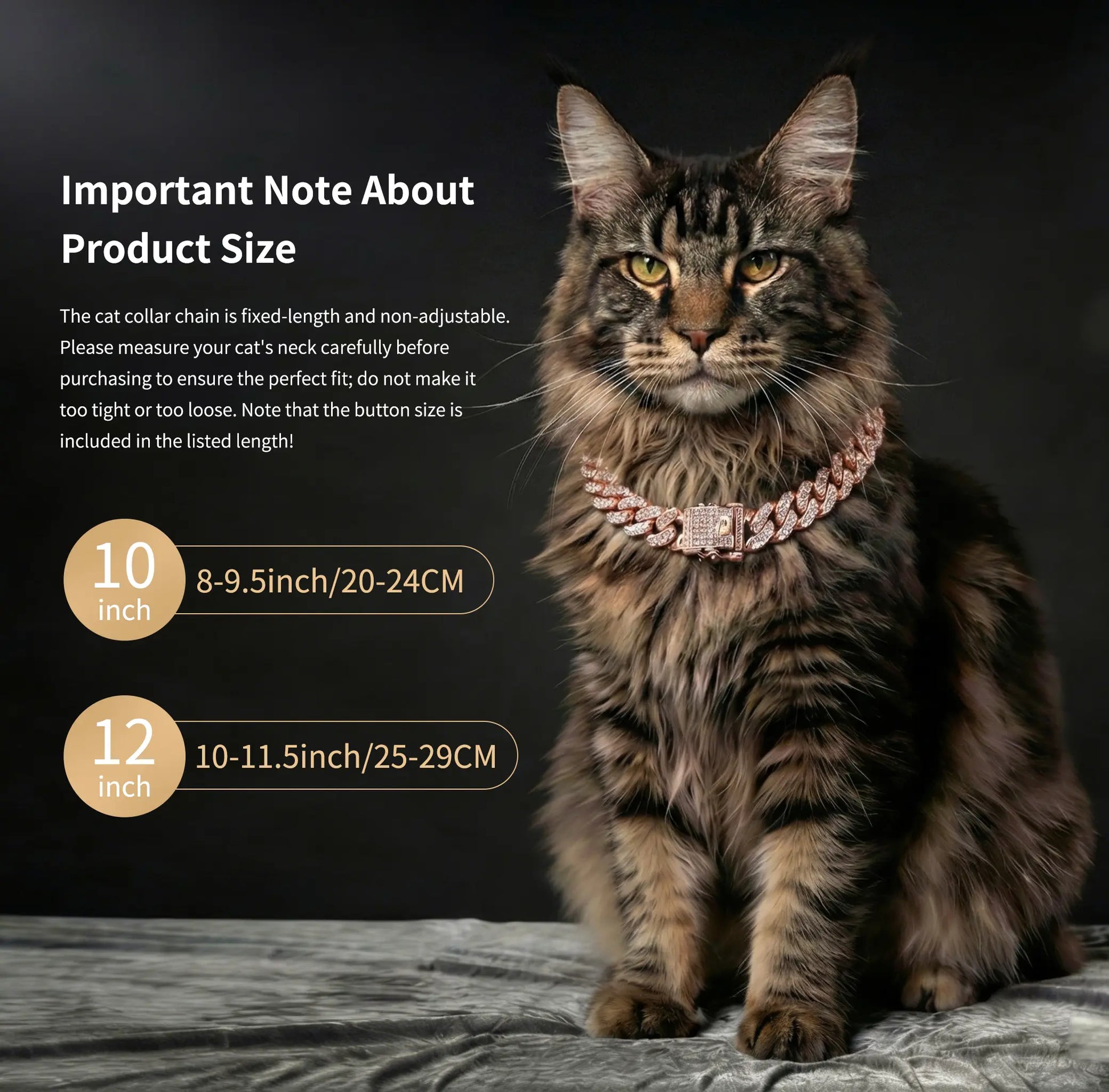 Benophis Rose Gold Diamond Cuban-Style Cat and Dog Necklace, Suitable for Medium and Large Cats and Small Dogs, Equipped with a Safety Clasp; Fashionable Pet Jewelry Accessory That Can Complement Outfits.