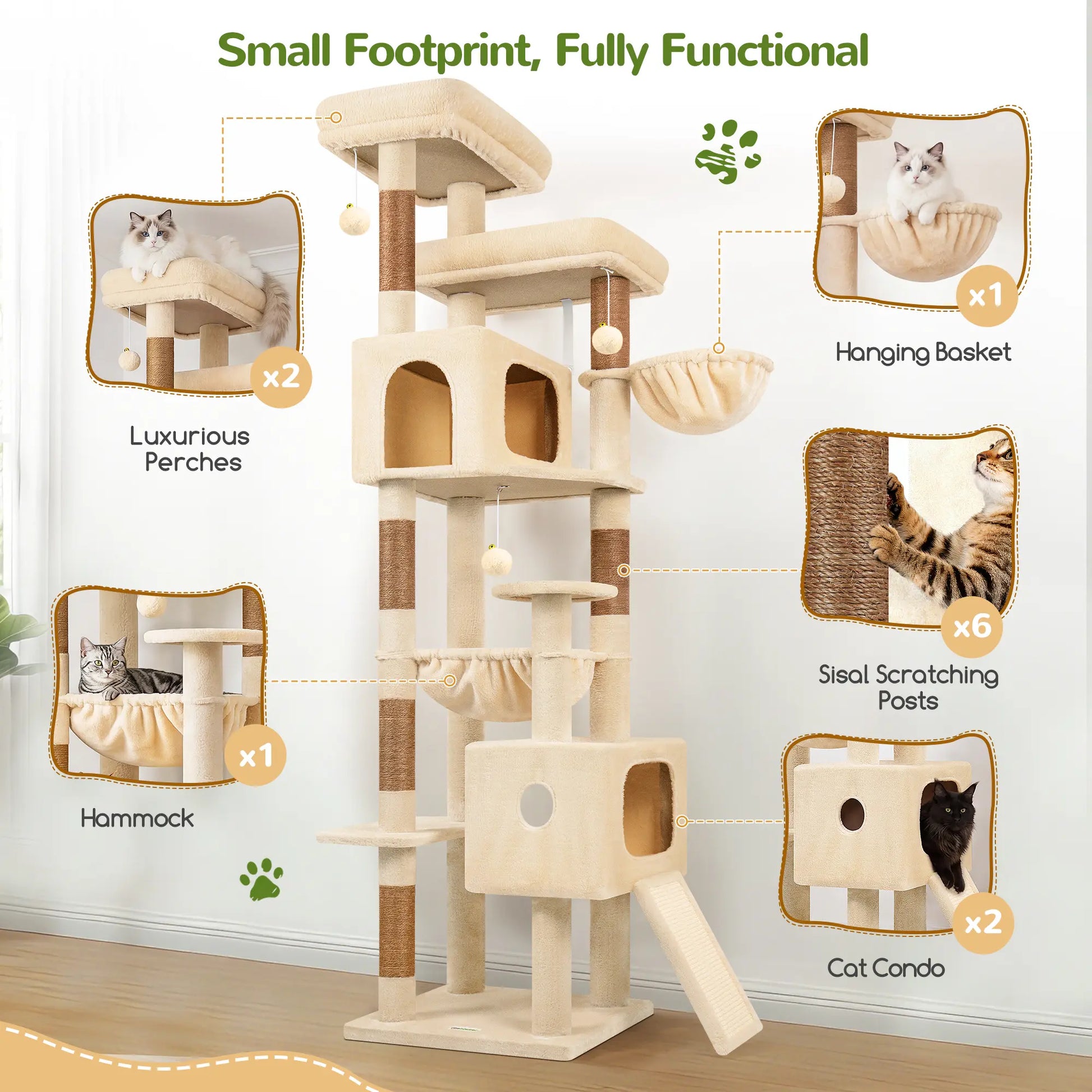 DESKAT 80 Inch Cat Tree for Large Cats, Stable Multi-Level Cat Tree with 2 Condos & Sisal Scratching Posts for 2-3 Cats, Thickened Base Space Saving Cat Tree Tower, F80G