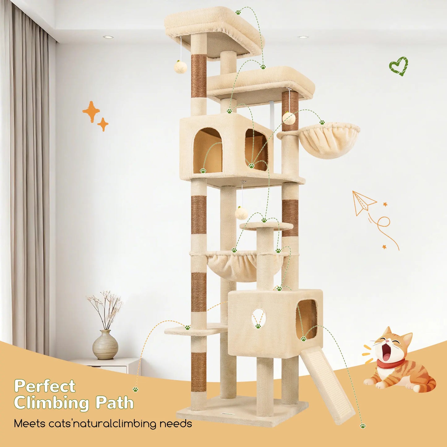 DESKAT 80 Inch Cat Tree for Large Cats, Stable Multi-Level Cat Tree with 2 Condos & Sisal Scratching Posts for 2-3 Cats, Thickened Base Space Saving Cat Tree Tower, F80G