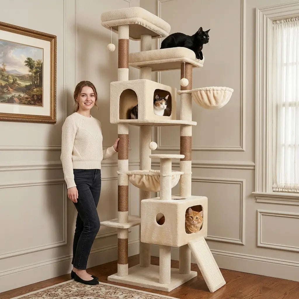 DESKAT 80 Inch Cat Tree for Large Cats, Stable Multi-Level Cat Tree with 2 Condos & Sisal Scratching Posts for 2-3 Cats, Thickened Base Space Saving Cat Tree Tower, F80G