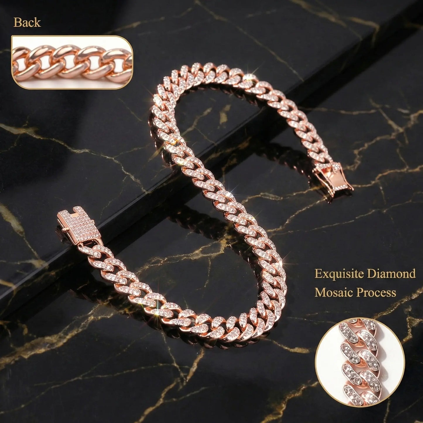 Benophis Rose Gold Diamond Cuban-Style Cat and Dog Necklace, Suitable for Medium and Large Cats and Small Dogs, Equipped with a Safety Clasp; Fashionable Pet Jewelry Accessory That Can Complement Outfits.