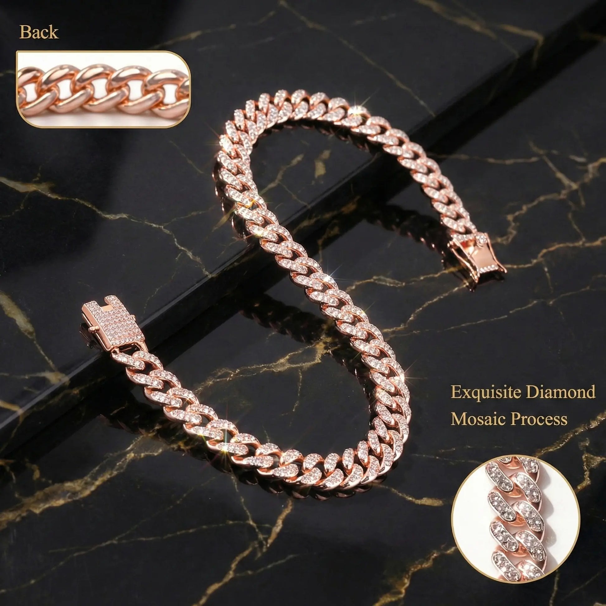 Benophis Rose Gold Diamond Cuban-Style Cat and Dog Necklace, Suitable for Medium and Large Cats and Small Dogs, Equipped with a Safety Clasp; Fashionable Pet Jewelry Accessory That Can Complement Outfits.